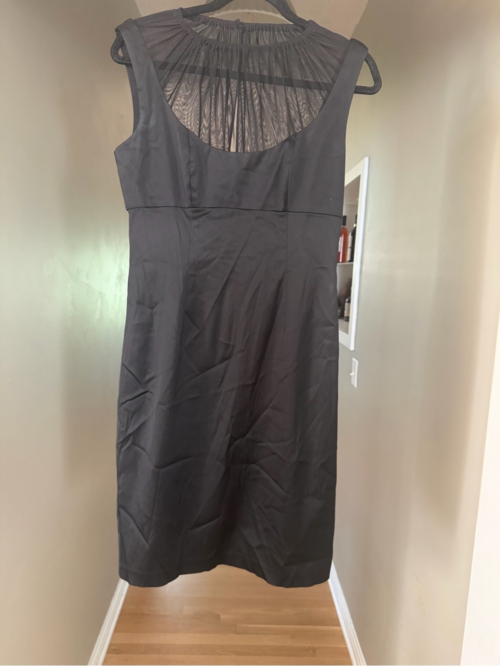 Maggy London Black Sleeveless Sheath Dress with Mesh Detail